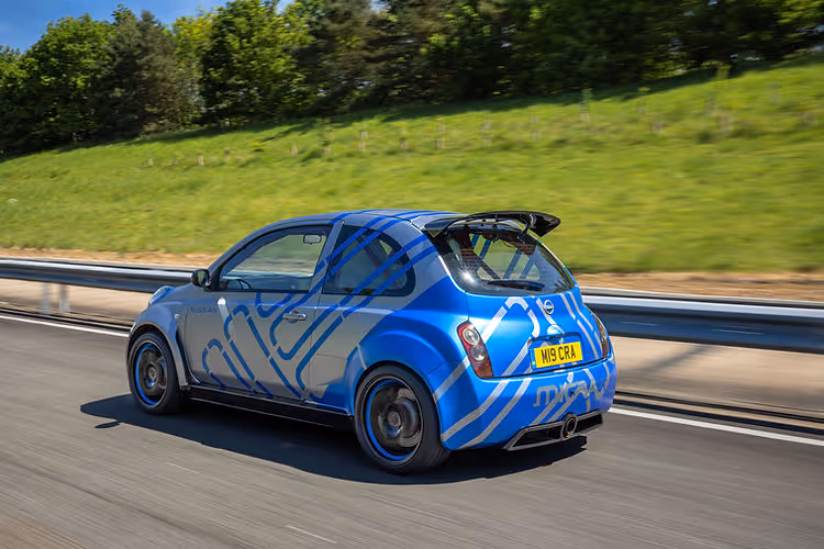 In action - 2025 Nissan Micra 350SR updated for its 23rd anniversary with satin silver wrap, blue accents, and refreshed detailing by Nissan Design Europe.