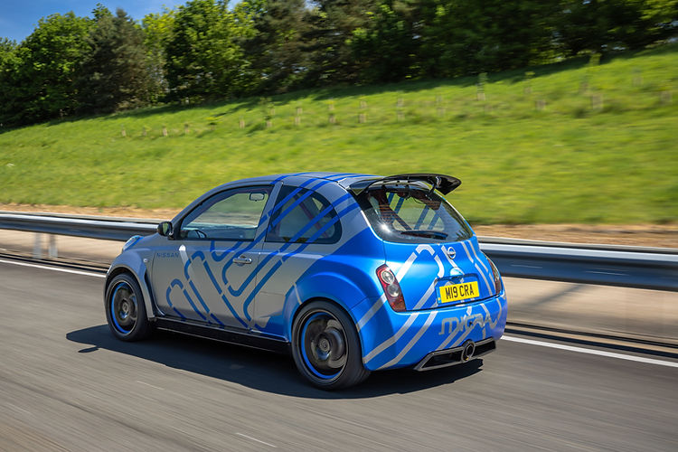 In action - 2025 Nissan Micra 350SR updated for its 23rd anniversary with satin silver wrap, blue accents, and refreshed detailing by Nissan Design Europe.