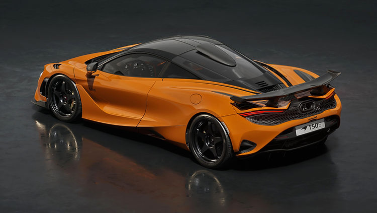 Rear view of the 750S Le Mans Edition highlighting the raised active rear spoiler with integrated endplates from the MSO High Downforce Kit in Papaya Orange.