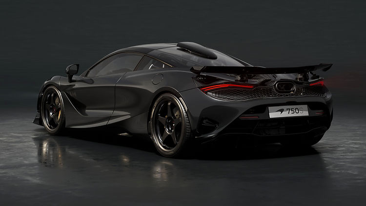Rear view of the 750S Le Mans Edition highlighting the raised active rear spoiler with integrated endplates from the MSO High Downforce Kit in Le Mans Grey.