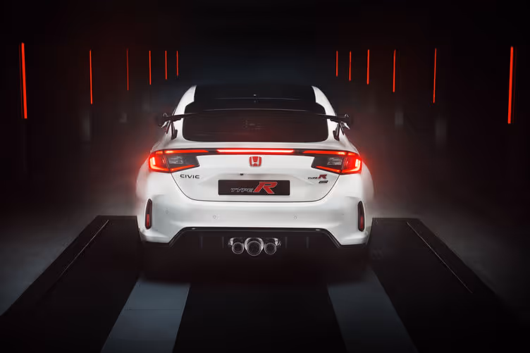 Rear view of the Civic Type R Ultimate Edition showing carbon rear wing, red decals and Ultimate Edition badging.