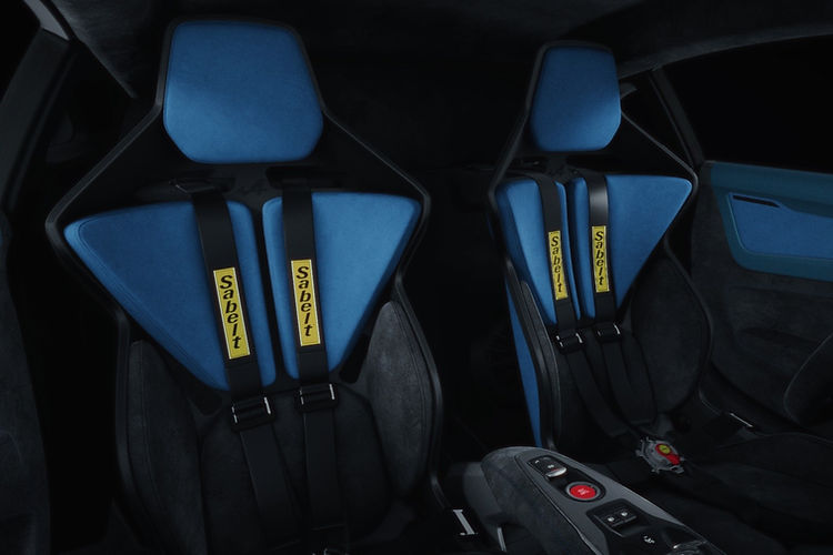 Driver-focused cockpit of Alpine A110R Ultime, showcasing carbon bucket seats and six point sabelt harnesses