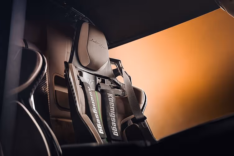 Close-up of the lightweight carbonfibre racing seat inside the Sadair’s Spear, with optional six-point harness.