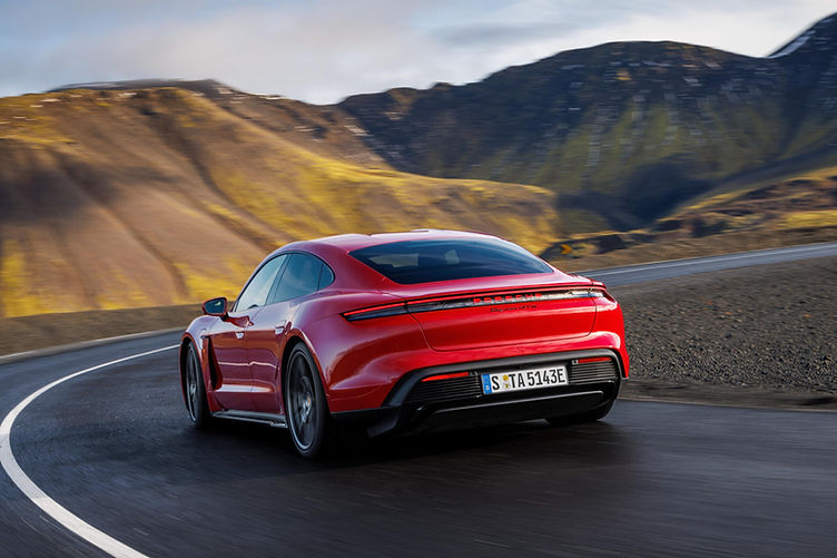 Porsche Taycan GTS saloon driving rear