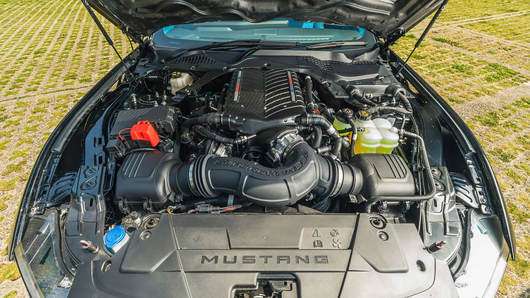 Close-up of the Clive Sutton CS800DH Mustang’s engine bay, showcasing the 5.0-litre Coyote V8 fitted with a Whipple supercharger and visible ‘Supercharged’ intake piping under the raised bonnet.