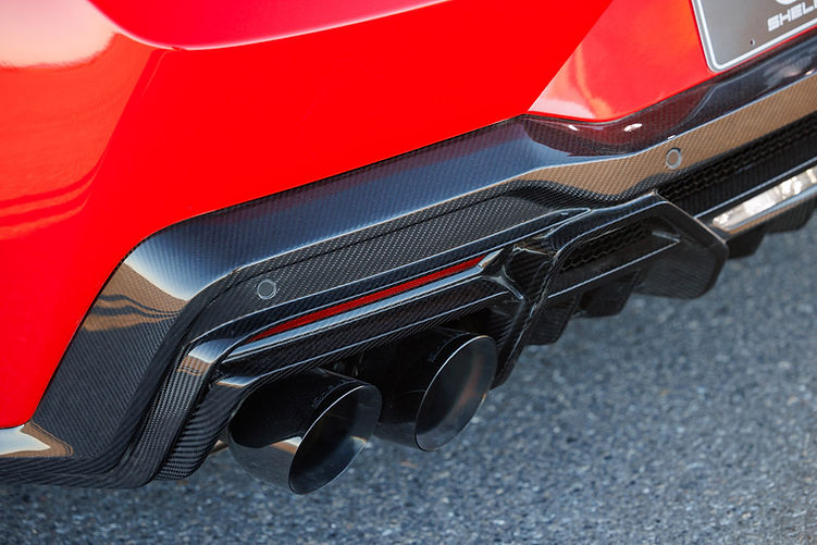 Close-up of the Shelby Super Snake-R’s carbon fibre rear diffuser, designed to optimise airflow and enhance rear-end stability at speed.
