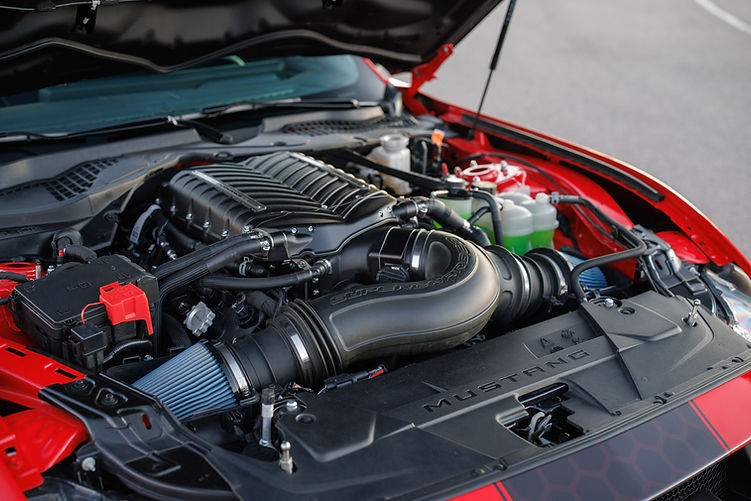Engine bay of the Shelby Super Snake-R featuring the 3.0 litre Whipple supercharger on the 5.0-litre Coyote V8, with custom intake and performance cooling components.