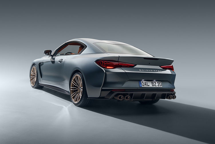Rear three-quarter view of the Bovensiepen Zagato Carbon Package, showing high-gloss carbon diffuser and quad exhausts in Oro Tecnico.