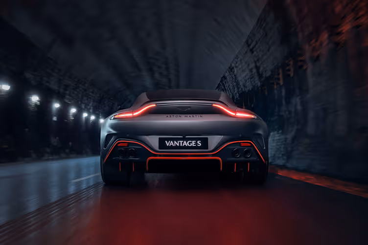 Rear view of the Aston Martin V8 Vantage S with smoked tail lights and subtle badging