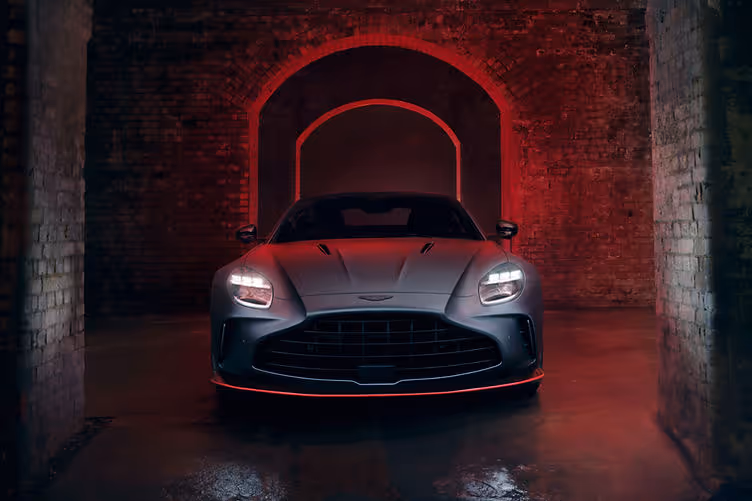 Frontal view of the 2025 V8 Vantage S featuring new bonnet vents and front airdam.