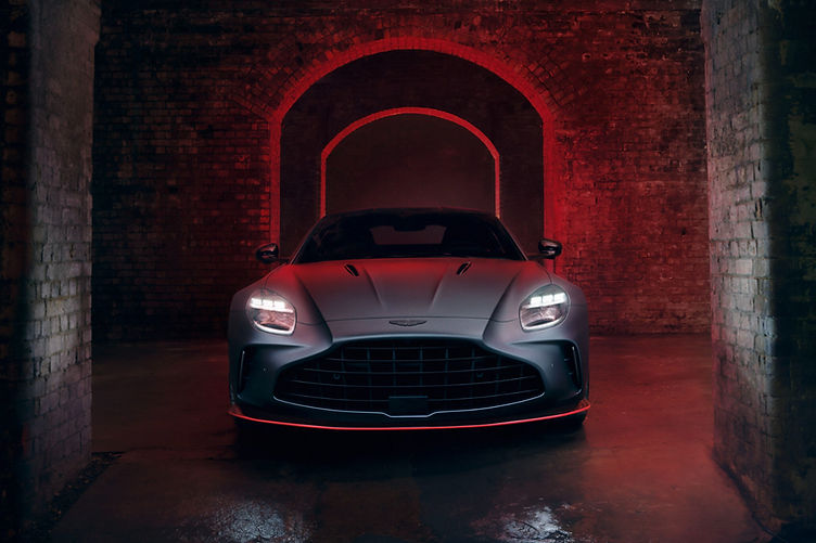 Frontal view of the 2025 V8 Vantage S featuring new bonnet vents and front airdam.