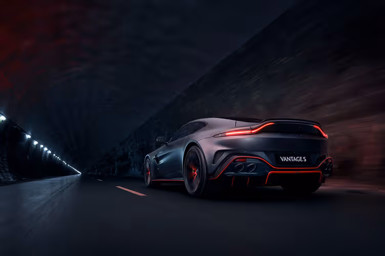 Rear three-quarter angle of the 2025 Aston Martin Vantage S showing updated spoiler.
