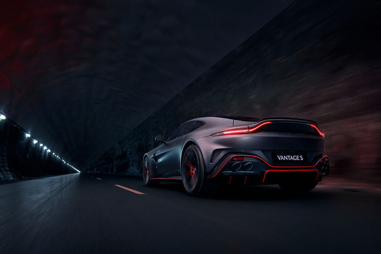 Rear three-quarter angle of the 2025 Aston Martin Vantage S showing updated spoiler.