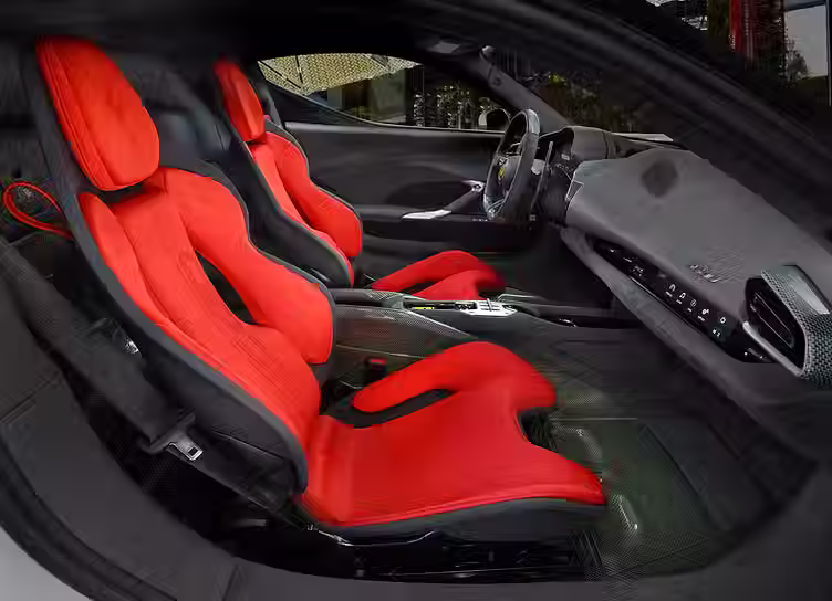 Ferrari SC40 interior with red seats, carbon-Kevlar trim and Alcantara upholstery