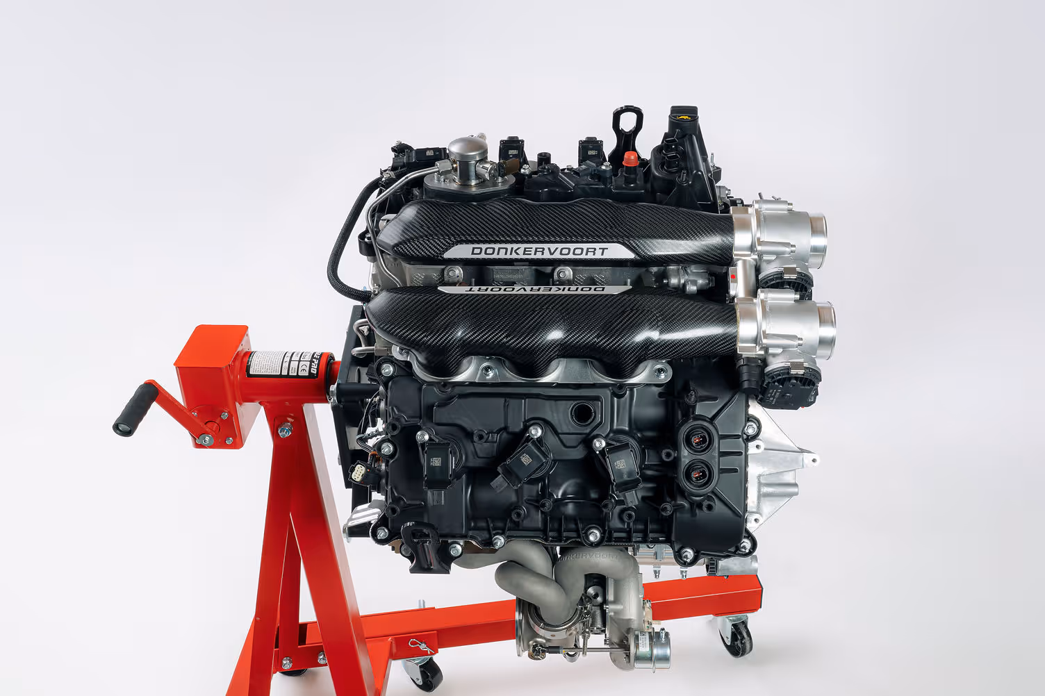 Donkervoort P24 RS twin-turbocharged 3.5-litre V6 engine showing billet turbochargers and carbon intake manifolds