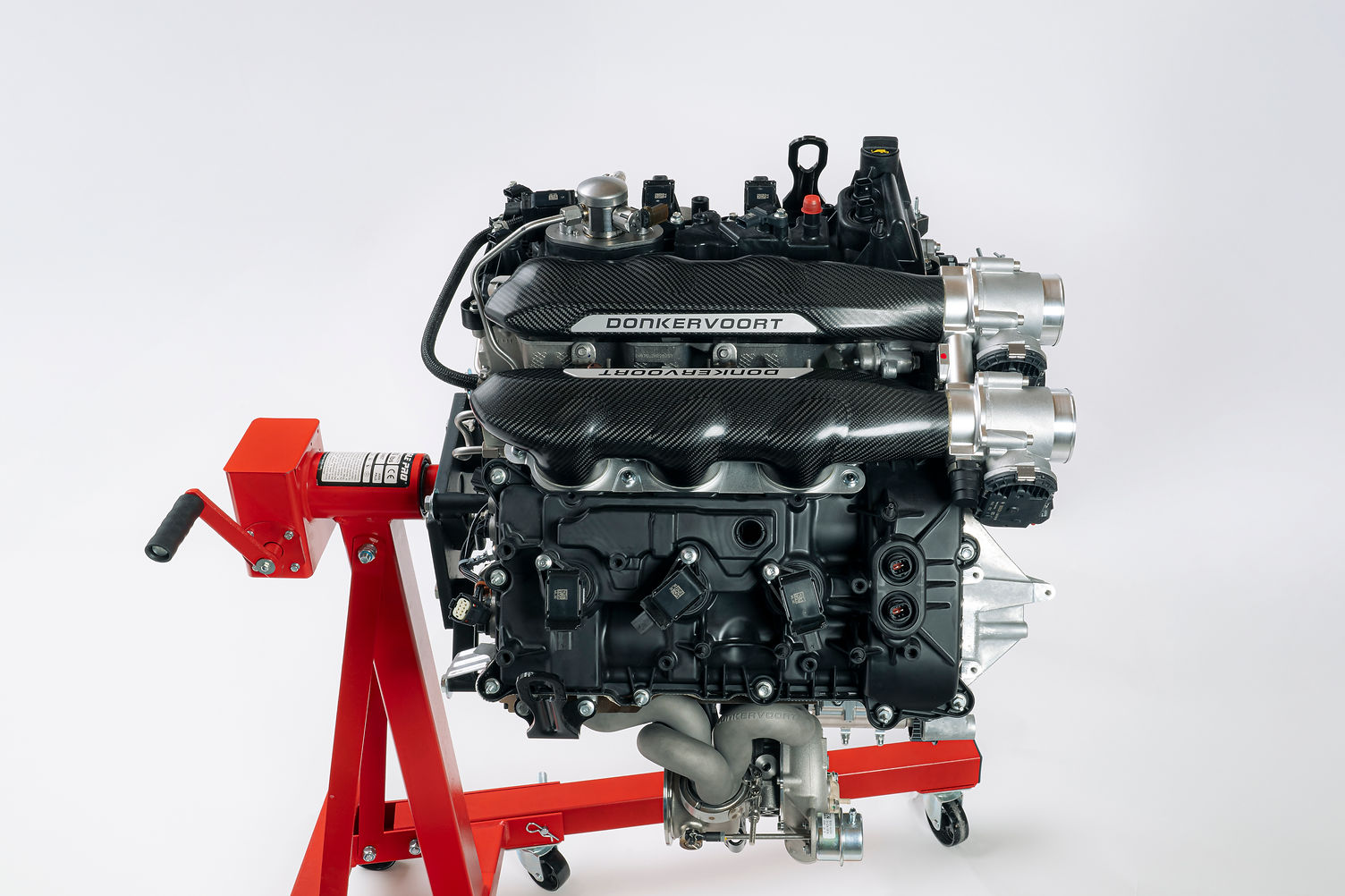 Donkervoort P24 RS twin-turbocharged 3.5-litre V6 engine showing billet turbochargers and carbon intake manifolds