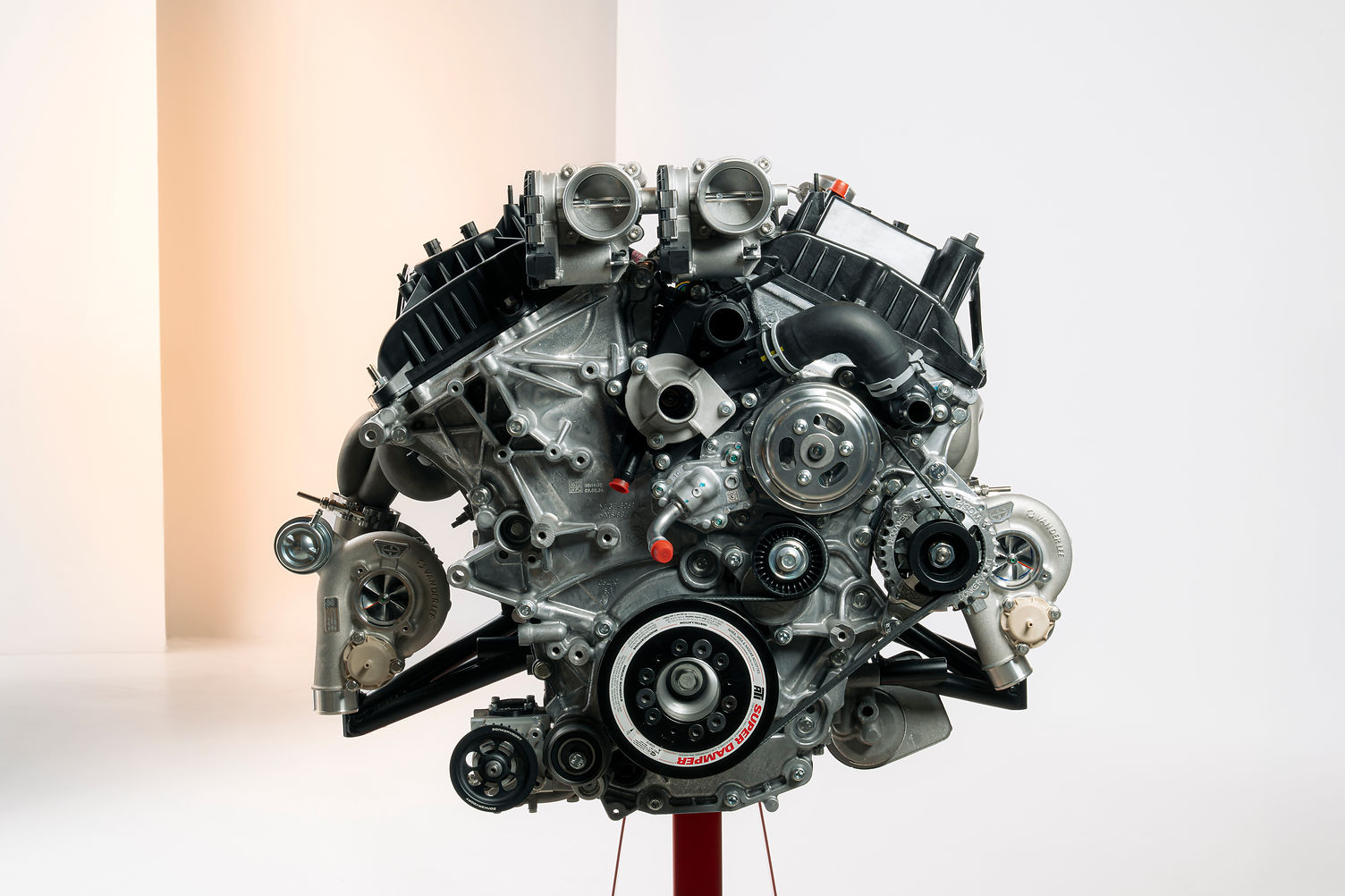 Donkervoort P24 RS twin-turbocharged 3.5-litre V6 engine showing billet turbochargers and carbon intake manifolds