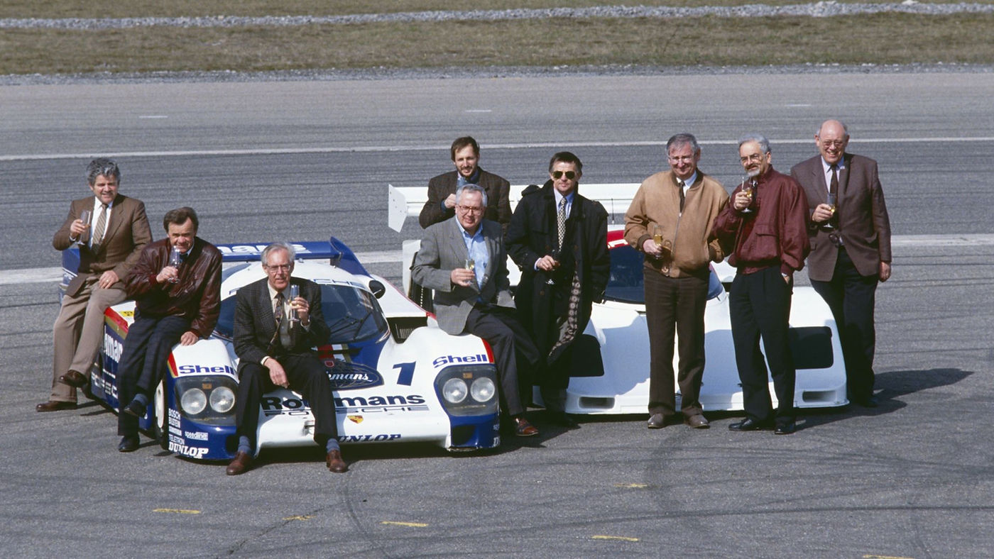 Fritz Spingler, Valentin Schäffer, Peter Falk, Gerd Schmid, Helmut Schmid (behind), Hans Mezger, Norbert Singer, Horst Reitter, Eugen Kolb (l-r), Weissach, 1992, Porsche AG