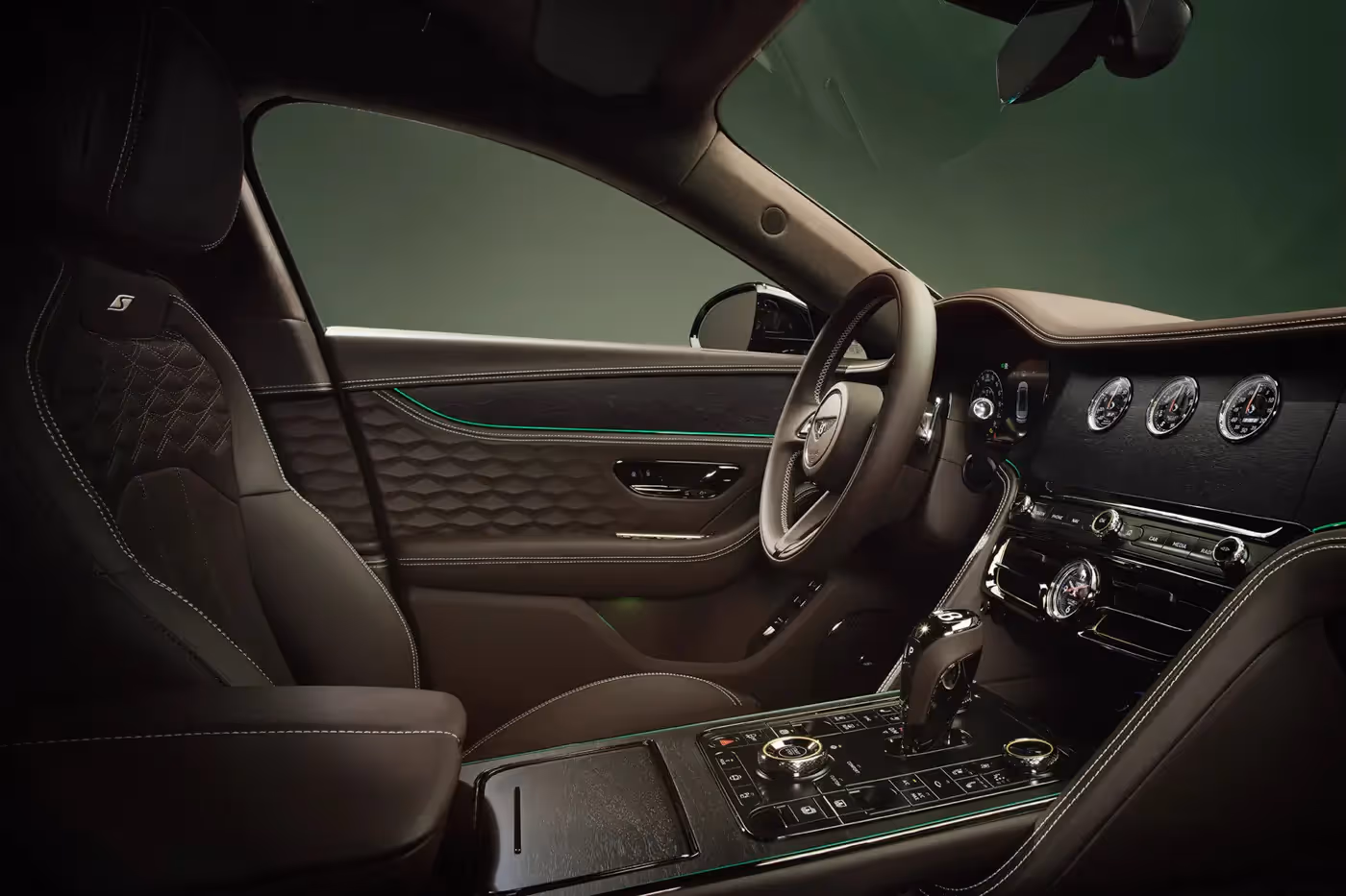 2026 Bentley Flying Spur S interior showing quilted sports seats and S badging