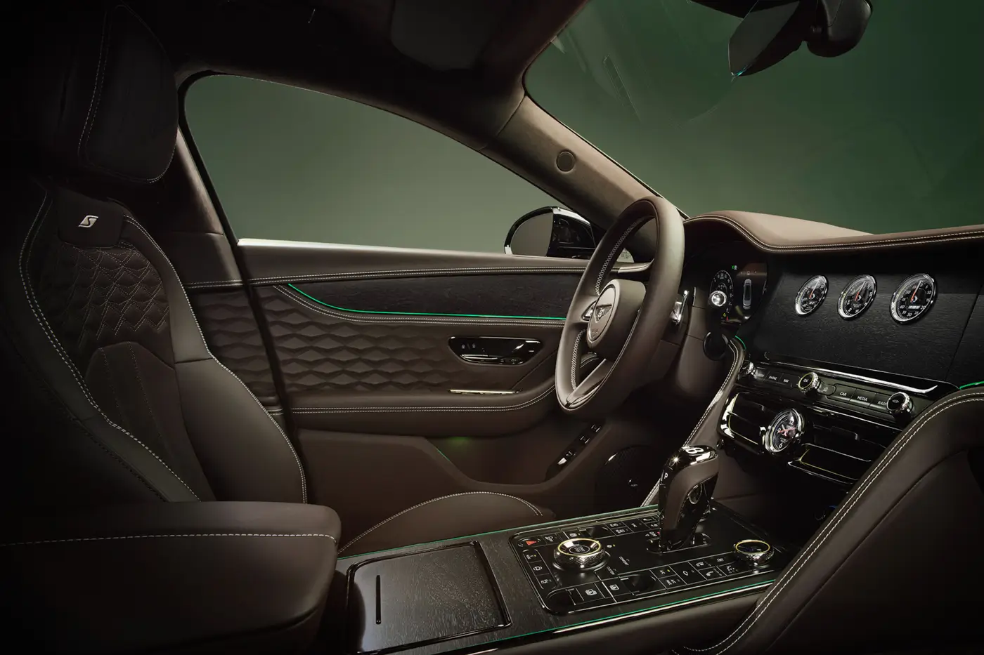 2026 Bentley Flying Spur S interior showing quilted sports seats and S badging