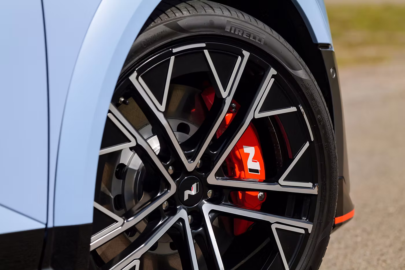 On Track in the Hyundai Ioniq 5 N - alloy wheel and front brakes close-up