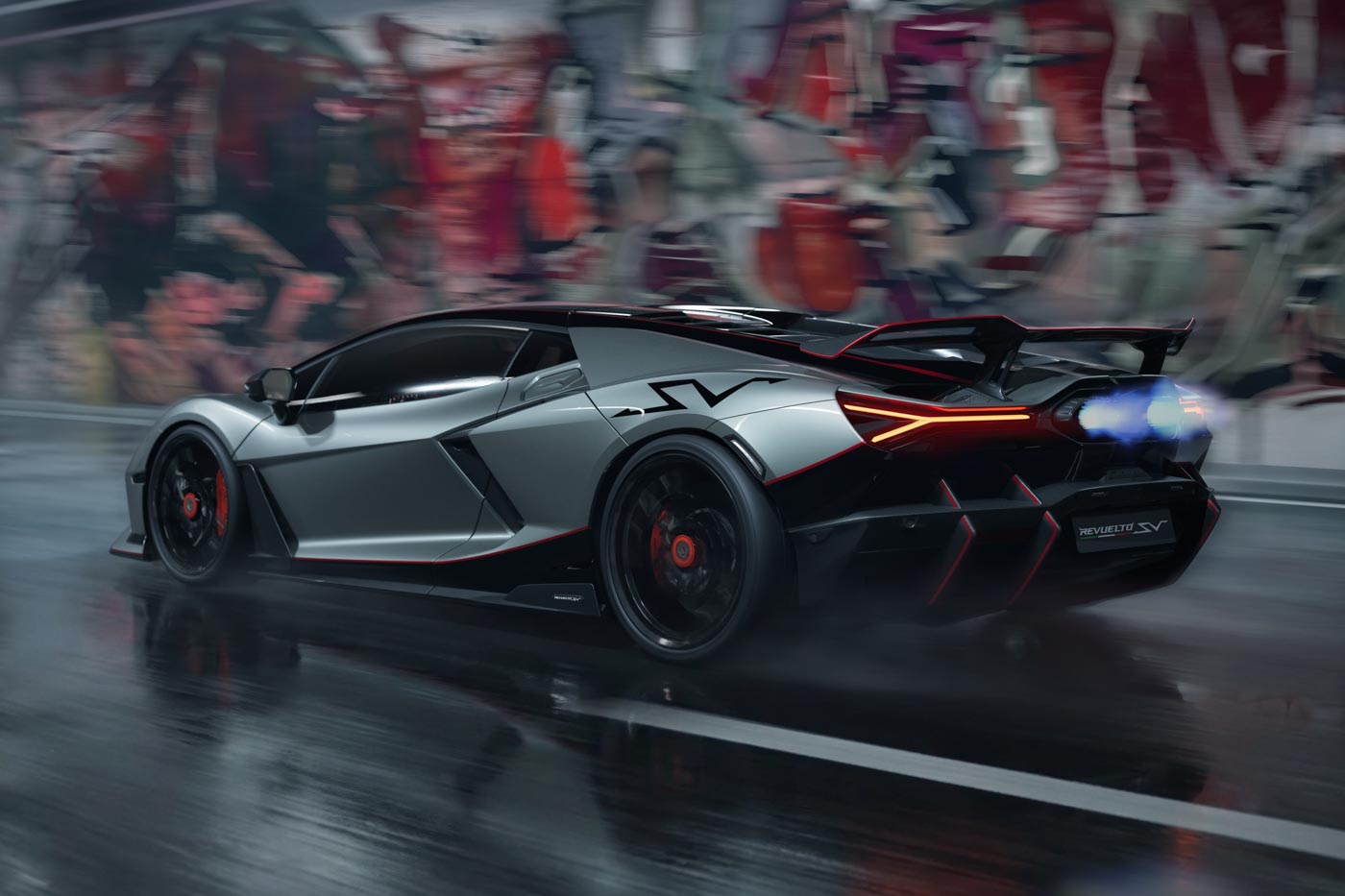 Lamborghini Revuelto SV rear three quarter tracking exhaust flame flambe