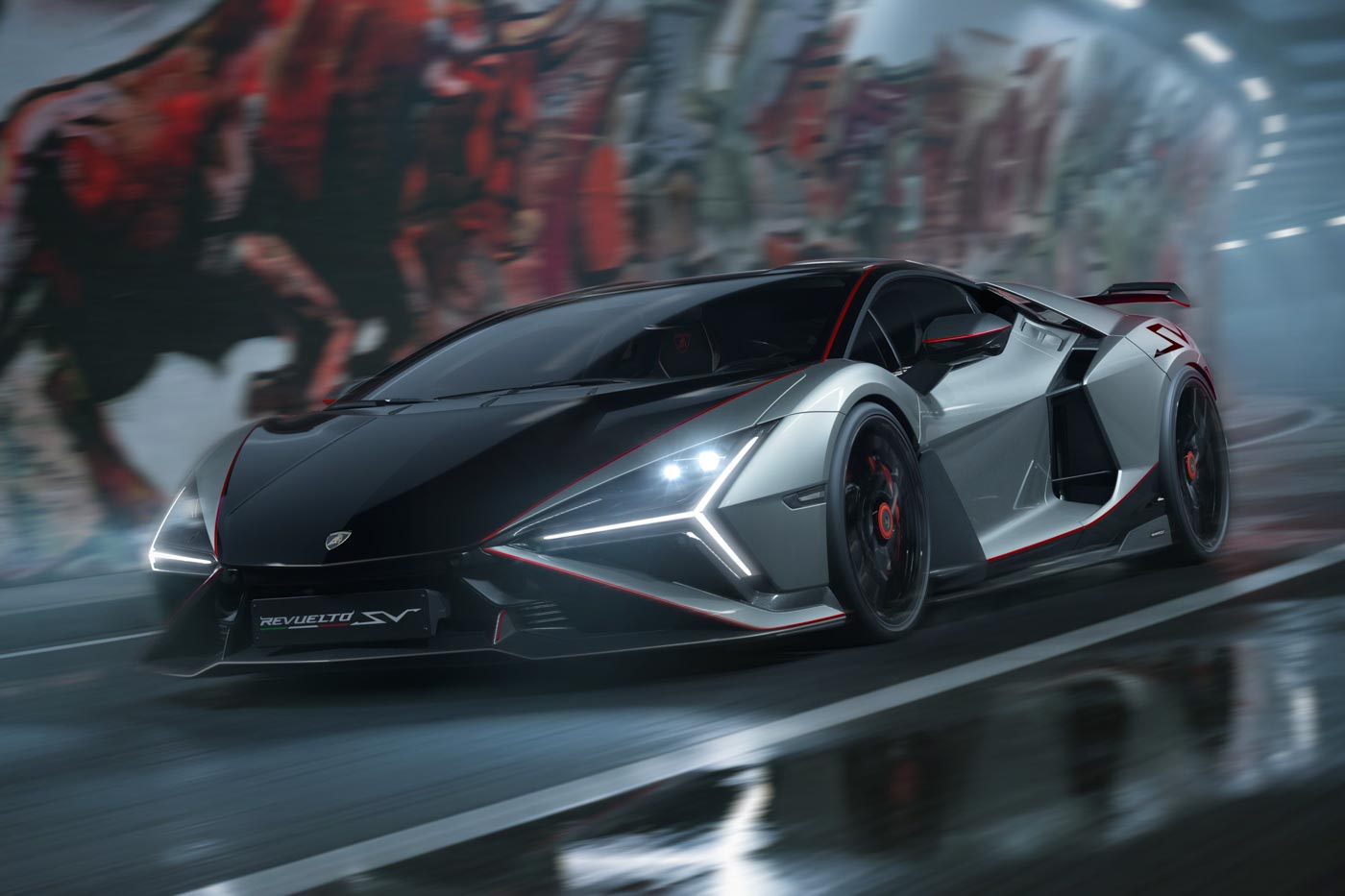 Revuelto SV front three quarter tracking shot tunnel