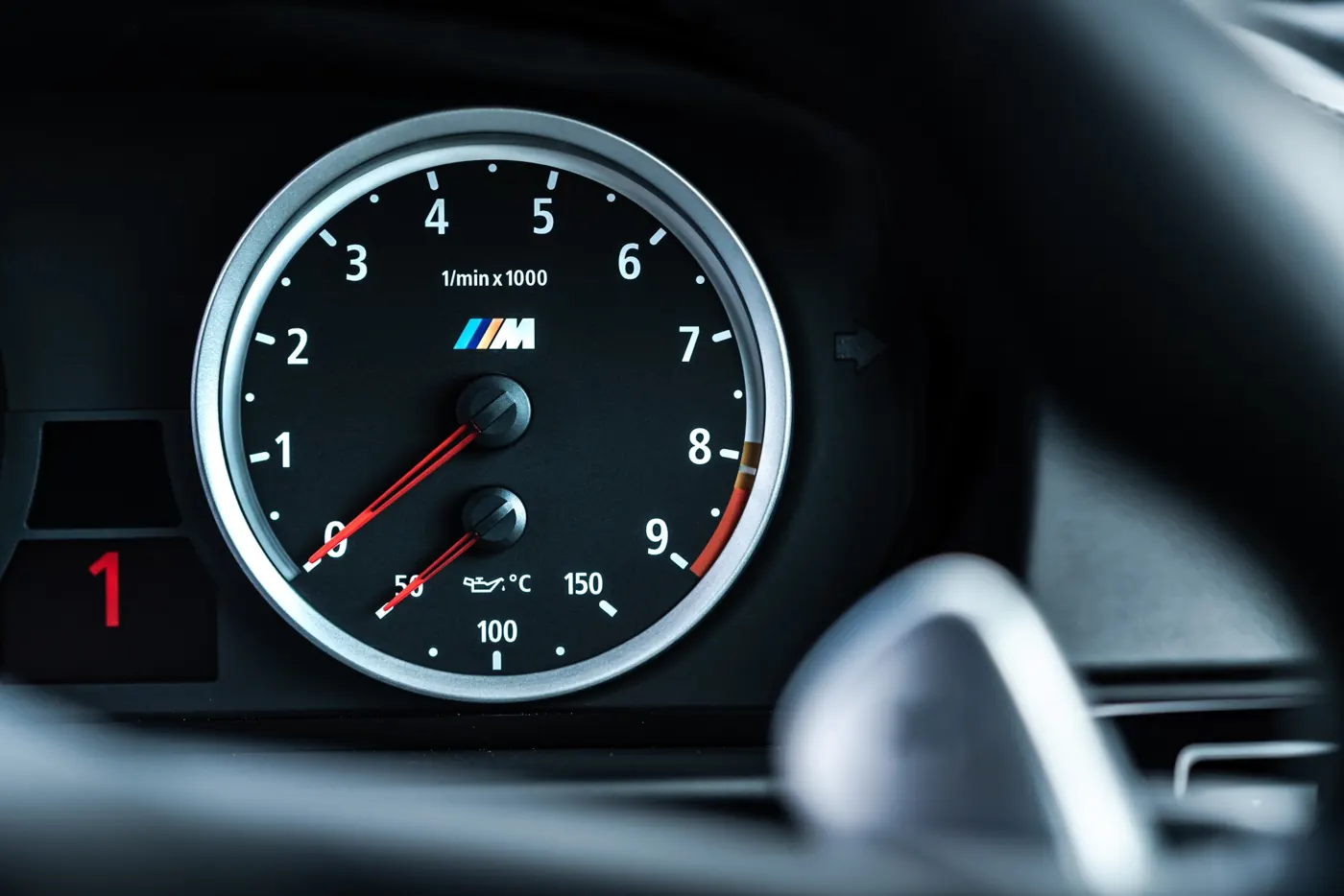 Rush magazine review of silver grey metallic E60 BMW M5. Close up of 9000 rpm tachometer