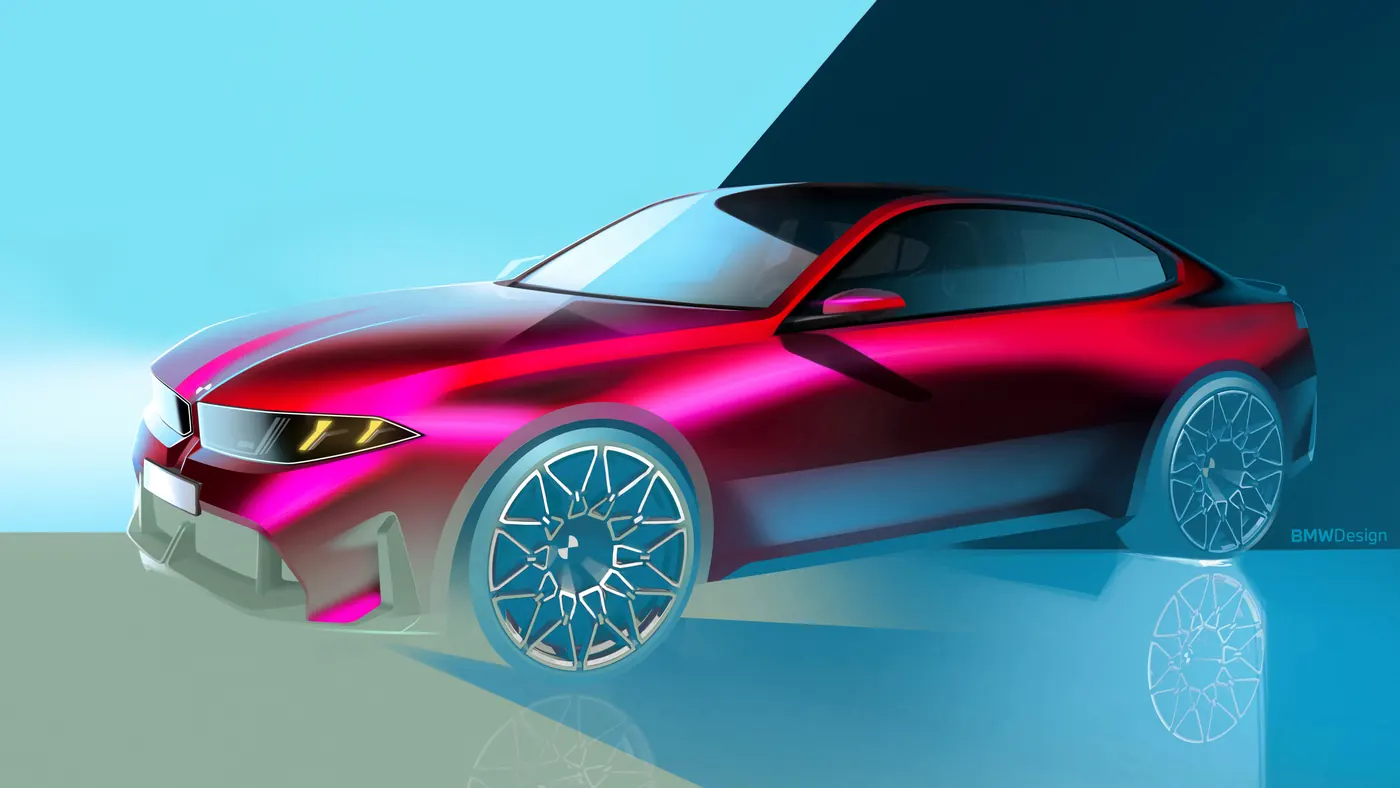 BMW Design sketch of a two-door coupé hinting at the next BMW 4 Series, front three-quarter in red