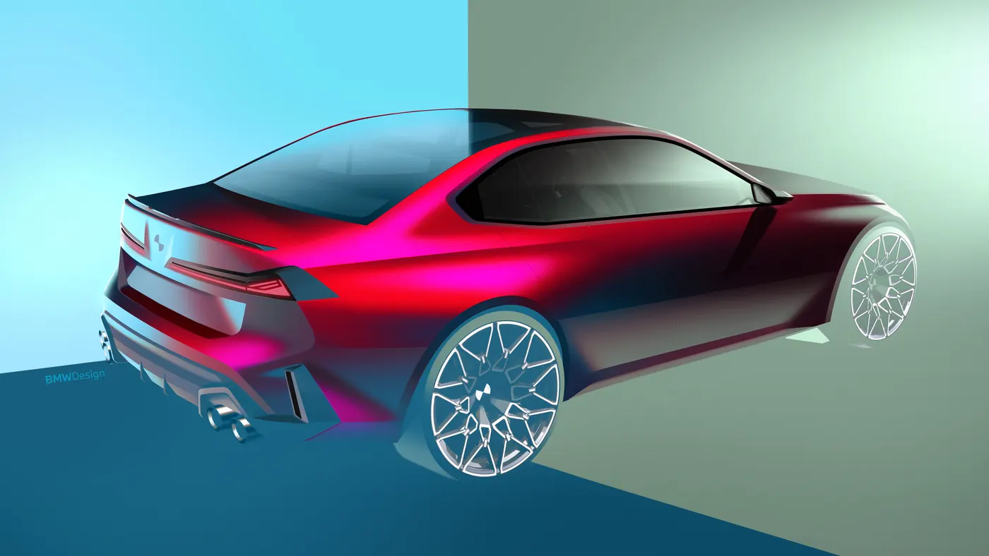 BMW Design sketch of a two-door coupé hinting at the next BMW 4 Series, rear three-quarter with quad exhausts