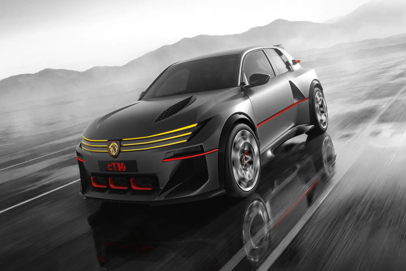 Peugeot E-T16 Concept at speed on a wet mountain road, seen from the front three-quarter.