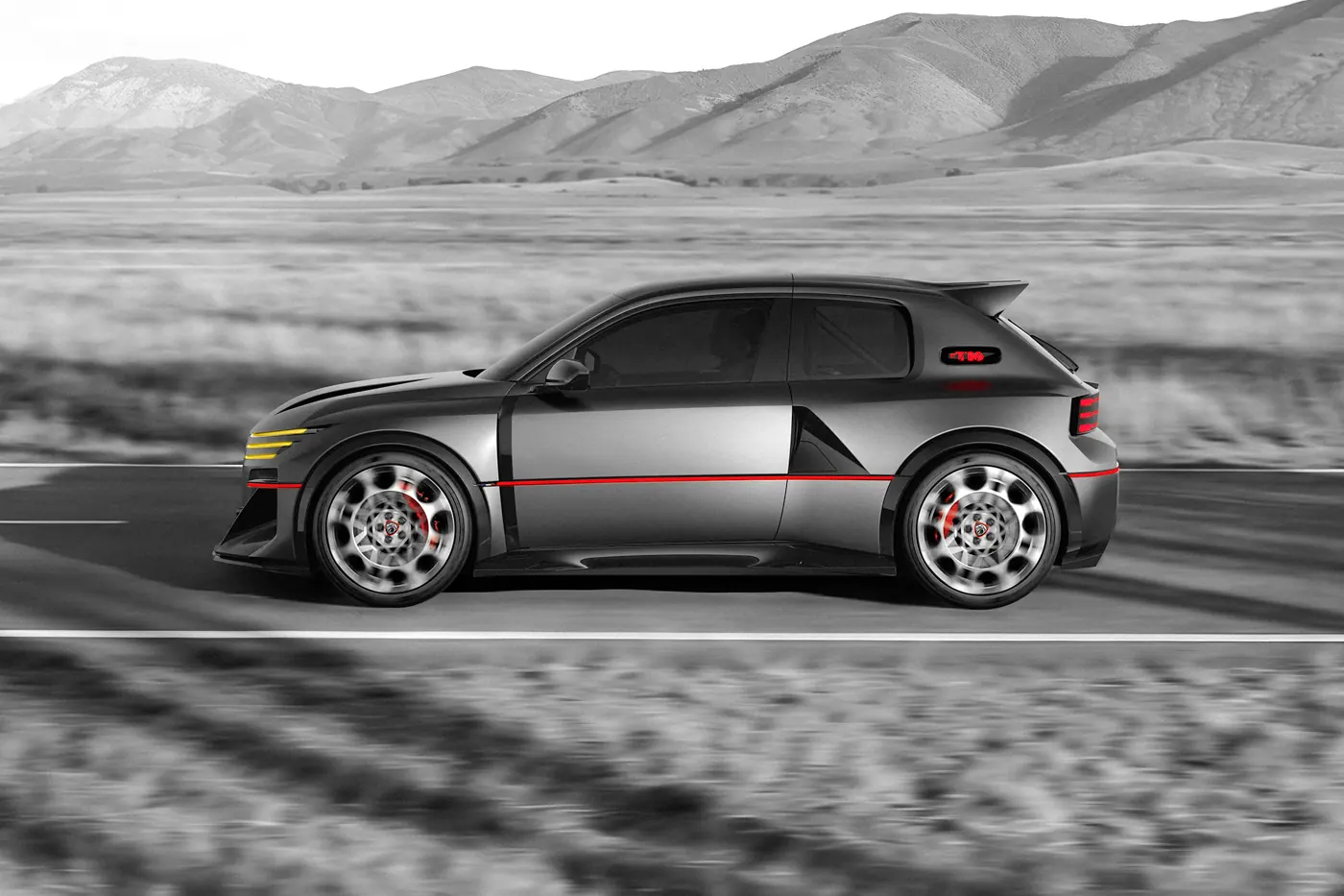 Peugeot E-T16 Concept in side profile, showing the floating C-pillar, the rear-wheel intake and the red line running the length of the car.
