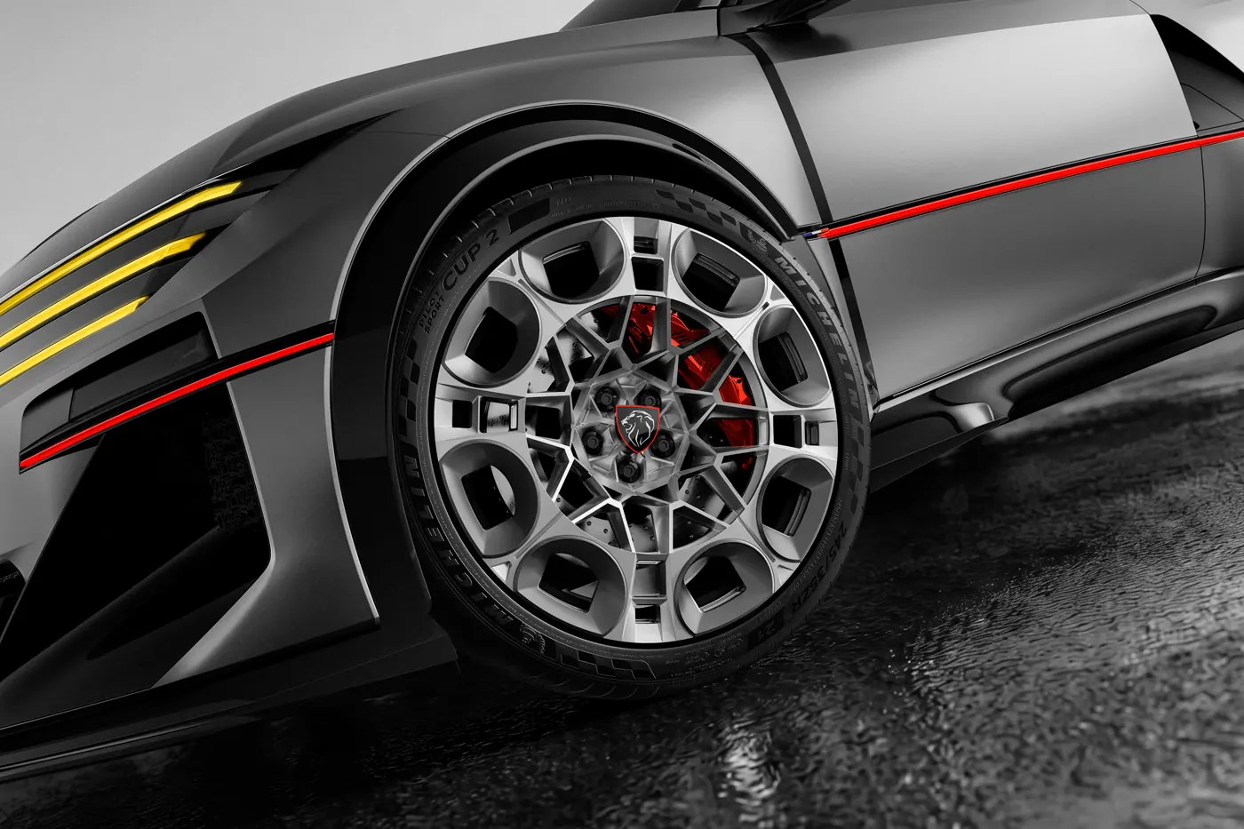 Peugeot E-T16 Concept front wheel with a Michelin Pilot Sport Cup 2 tyre and a red brake caliper.