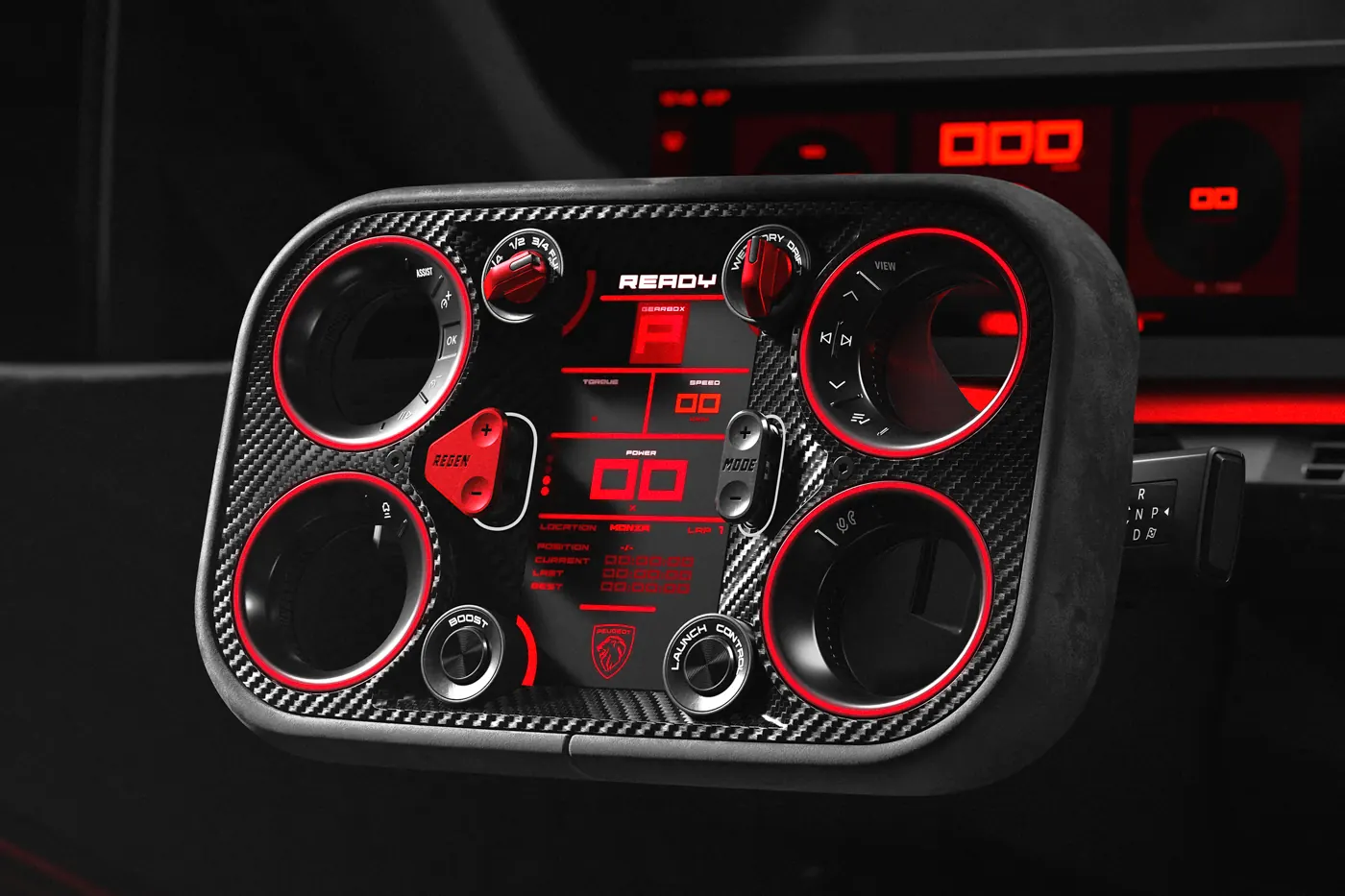 Close-up of the Peugeot E-T16 Concept's Hypersquare steering control, with four control rings, rotary dials and a central display.