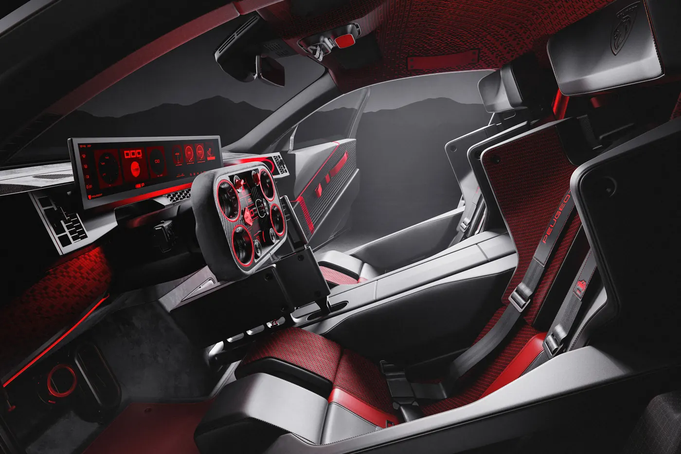 Peugeot E-T16 Concept cockpit, with the Hypersquare steering control, a 21-inch curved display and a red mesh headlining.