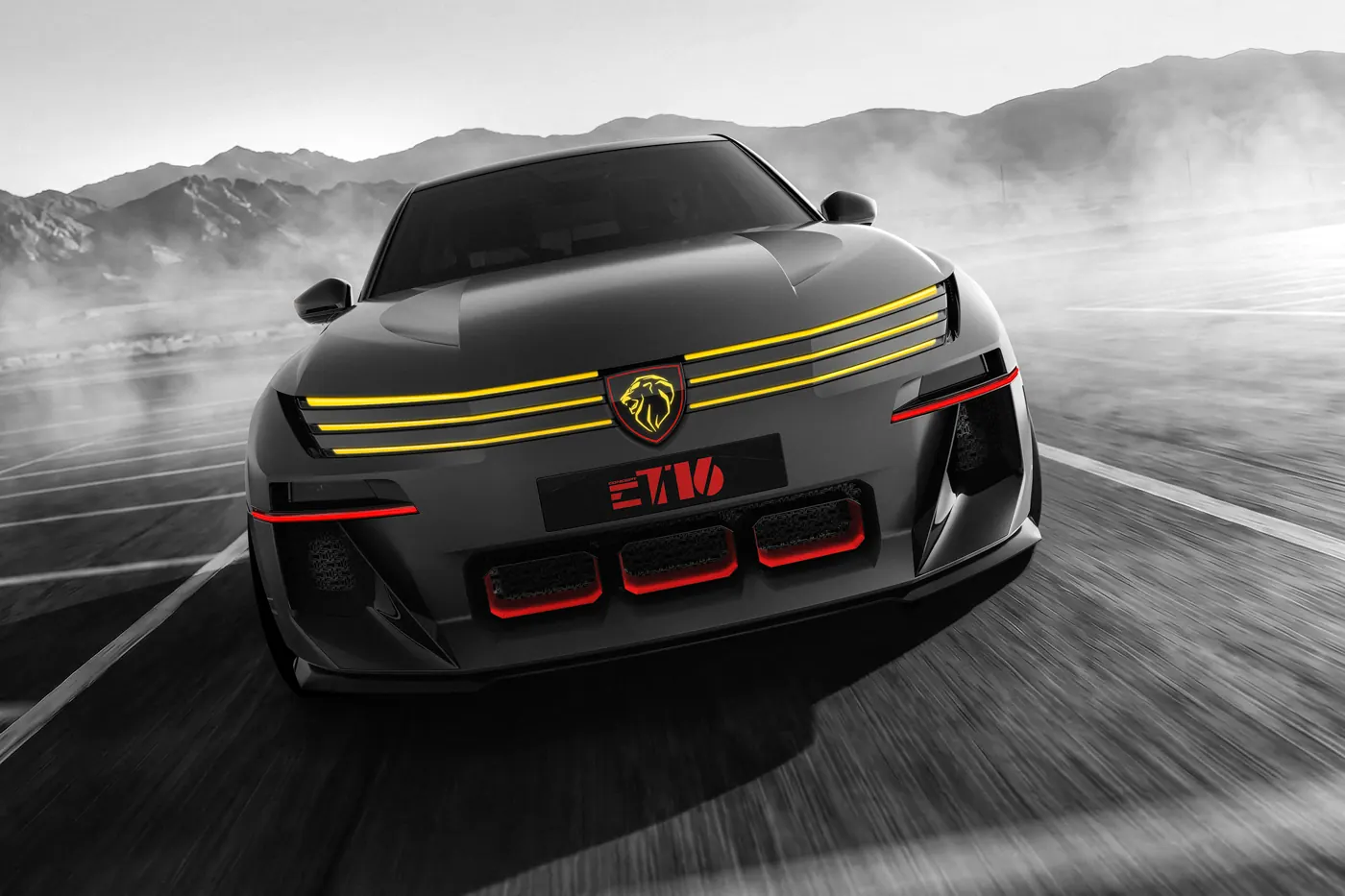 Peugeot E-T16 Concept driving head-on, showing its yellow three-bar front light signature, lion badge and three red-lit bumper intakes.