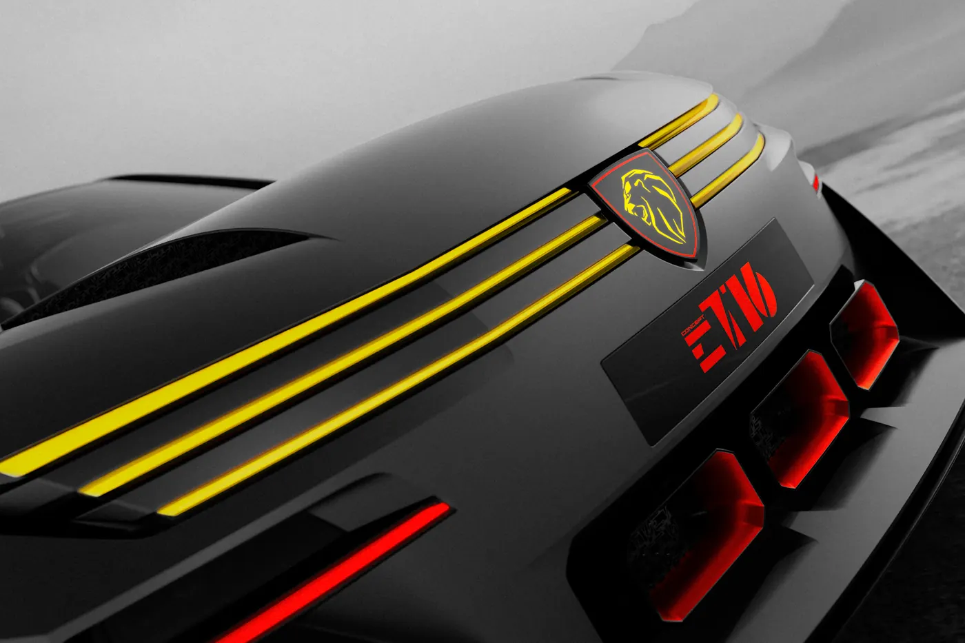 Detail of the Peugeot E-T16 Concept's horizontal three-claw front lighting, lion emblem and red-lit intakes.