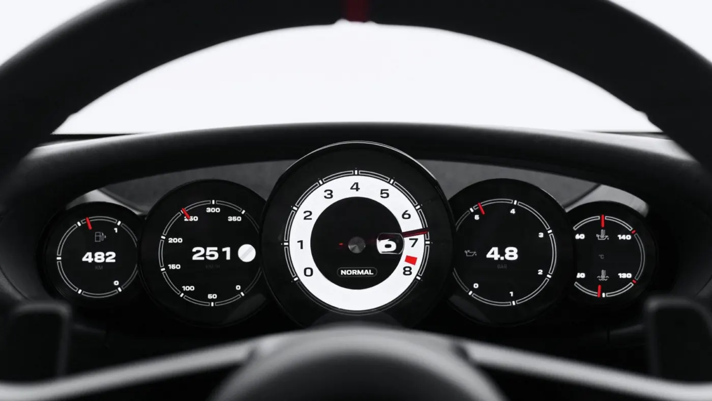 Mission S five-dial instrument cluster seen through the steering wheel, with a white central rev counter