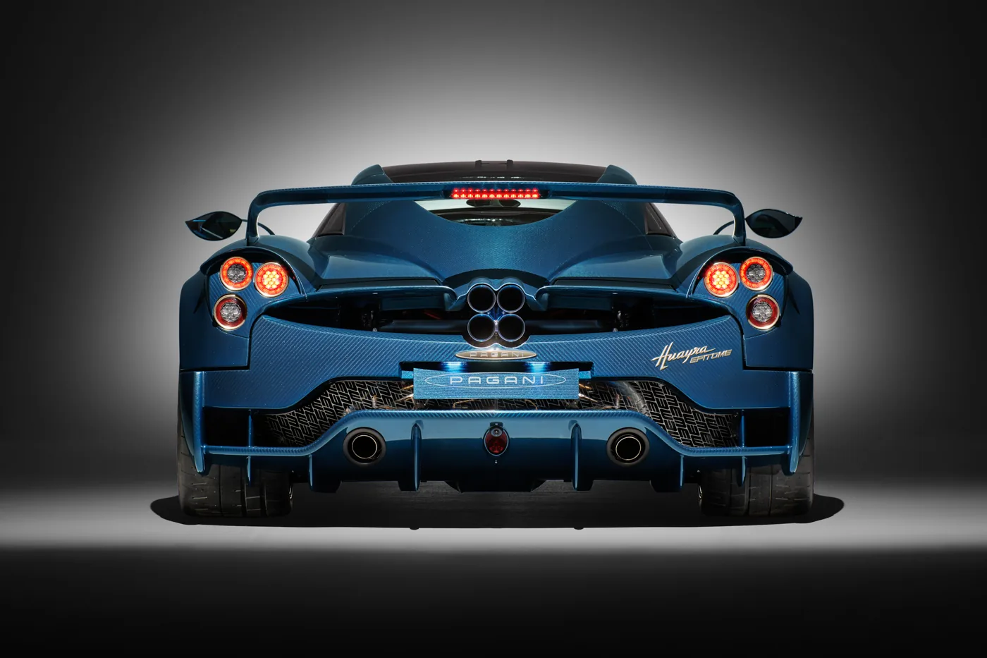 Pagani Huayra Epitome rear view in the studio, with central quad exhaust and two diffuser outlets