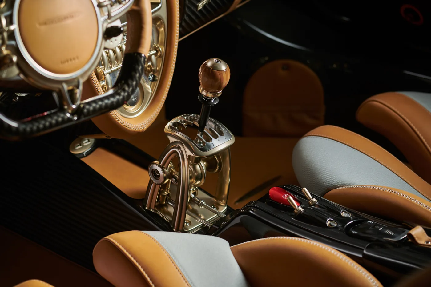 Exposed gated shifter and wooden gear knob of the Pagani Huayra Epitome’s seven-speed manual