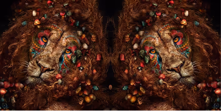 Symmetrical digital art of two lion heads facing each other with colorful artistic paint and small decorative elements in their manes on a dark background.
