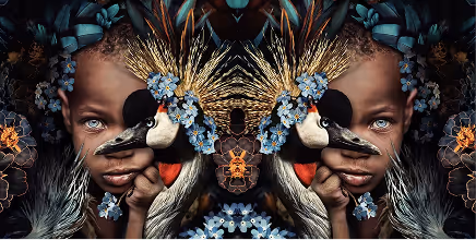 Symmetrical digital artwork featuring a woman's face adorned with a headdress of flowers and feathers, mirrored with two crowned cranes.