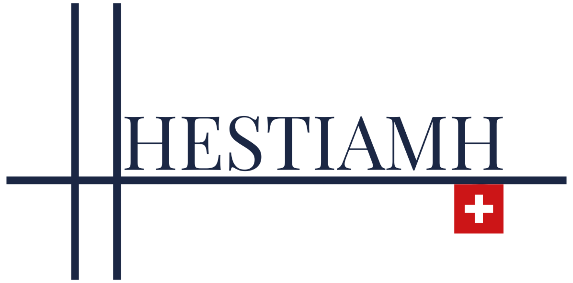 Logo de HESTIAMH avec deux lignes verticales et une ligne horizontale bleues, accompagné d'un carré rouge avec une croix noire.