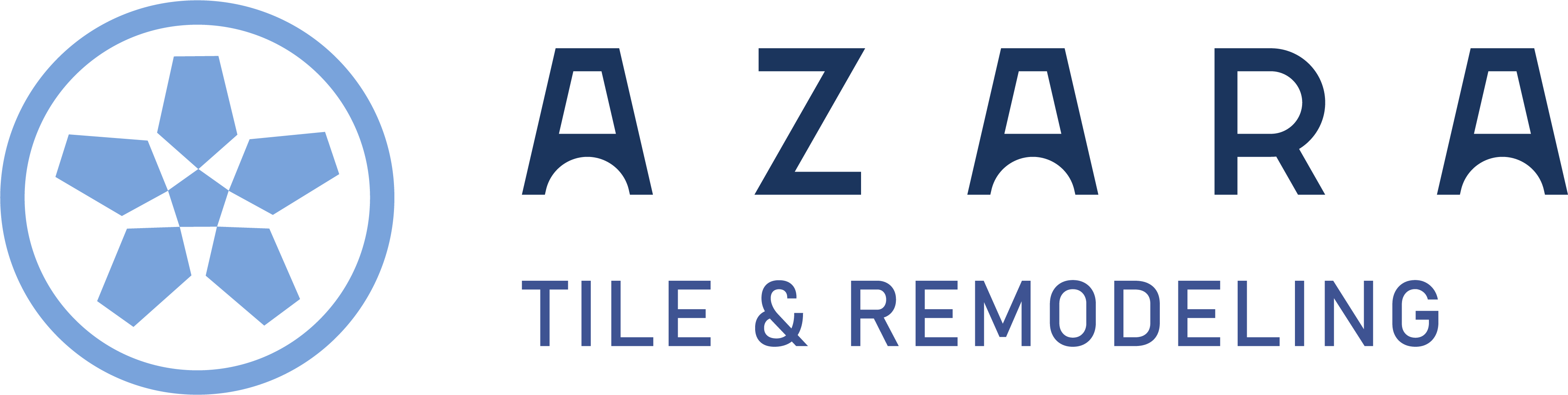 Azara logo with a blue stylized star inside a circle to the left of the dark blue text 'AZARA' and medium blue text 'TILE & REMODELING'.
