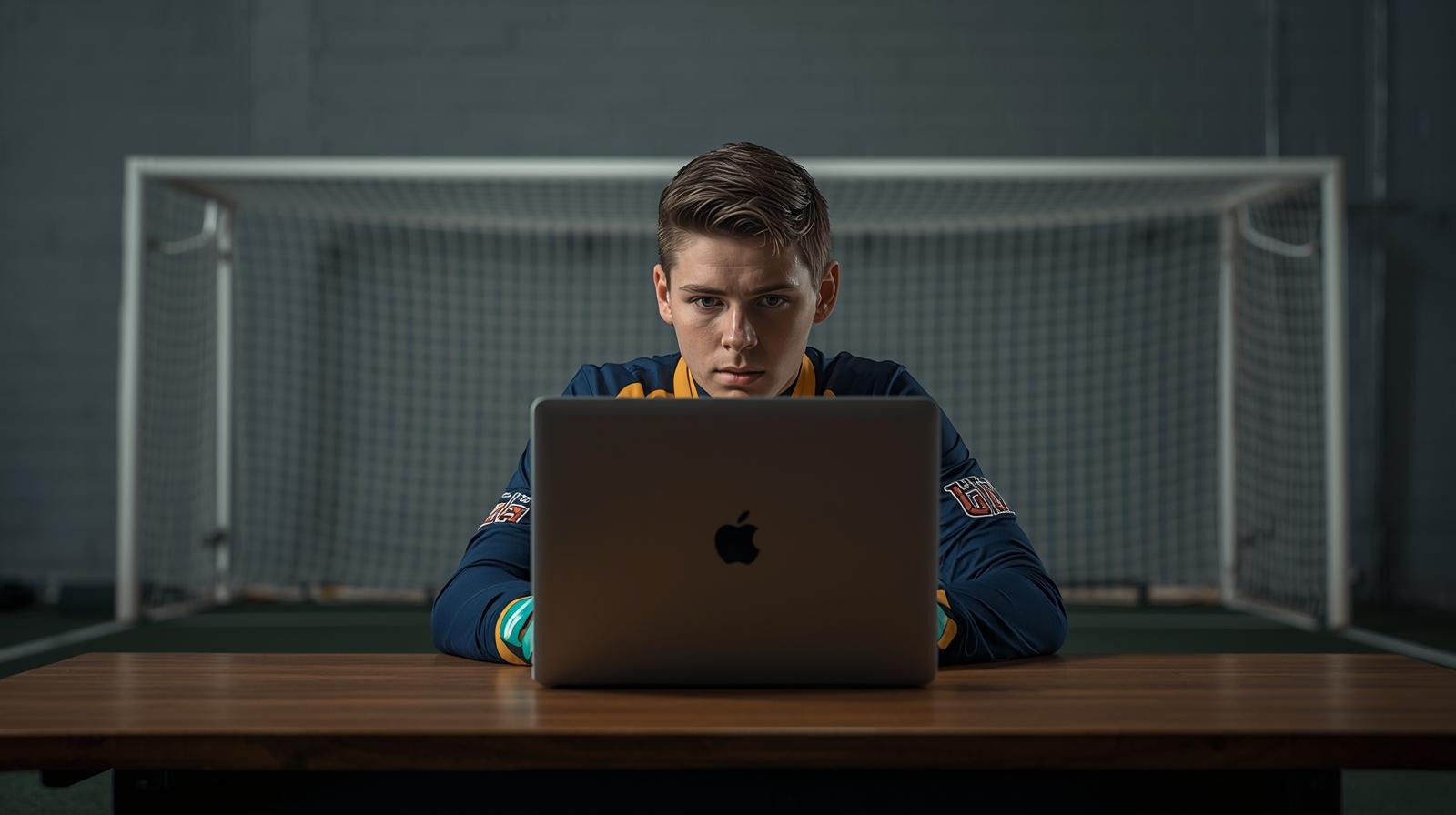 Young male soccer goalkeeper focused as he emails college coaches because he wants to play in college