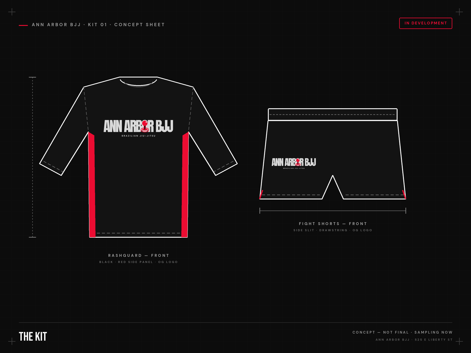Ann Arbor BJJ kit concept sheet — rashguard and fight shorts