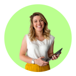 Portrait of a smiling woman with long dark hair wearing a black blazer and pink shirt against a green circular background.