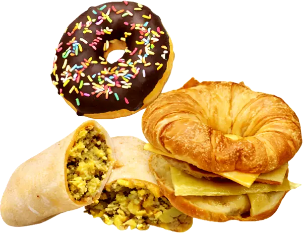 Chocolate frosted donut with rainbow sprinkles, a breakfast burrito cut in half showing scrambled eggs and sausage, and a croissant sandwich with folded eggs and cheese.