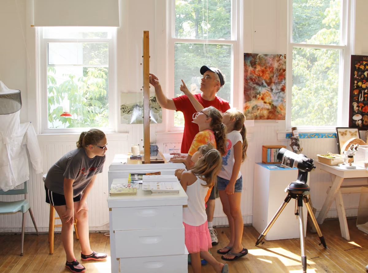 Naturalist explains bee hive display to four children inside a bright nature center room.