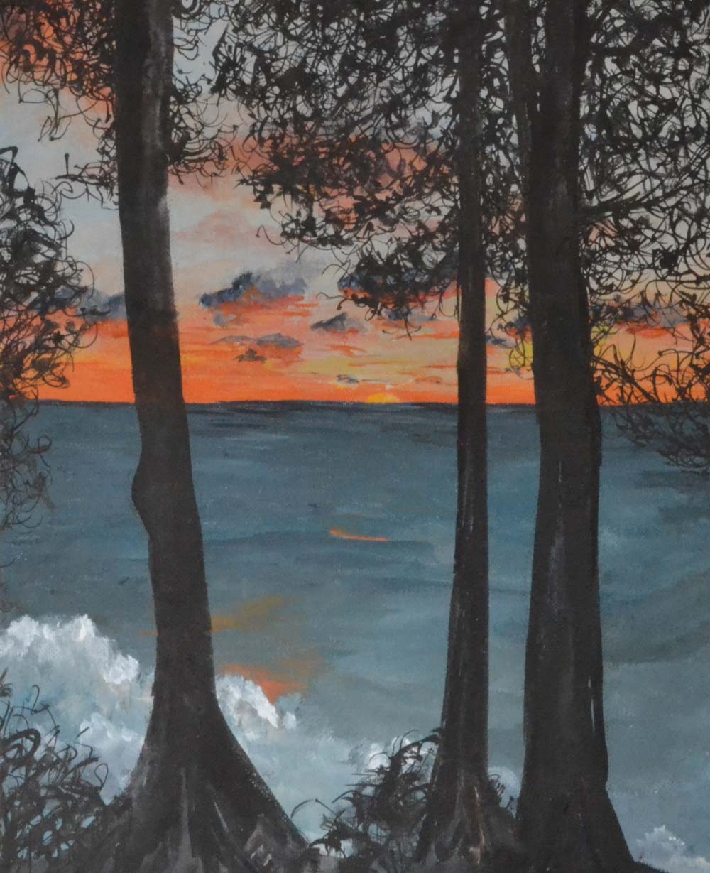painting of a sunset water scene with trees and clouds